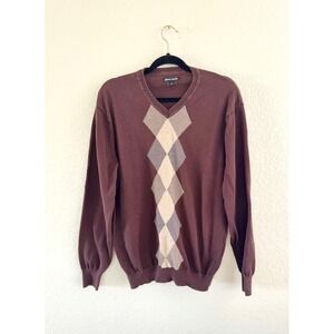 Vintage Pierre Cardin Mens V Neck Argyle Sweater Brown Cotton Size L